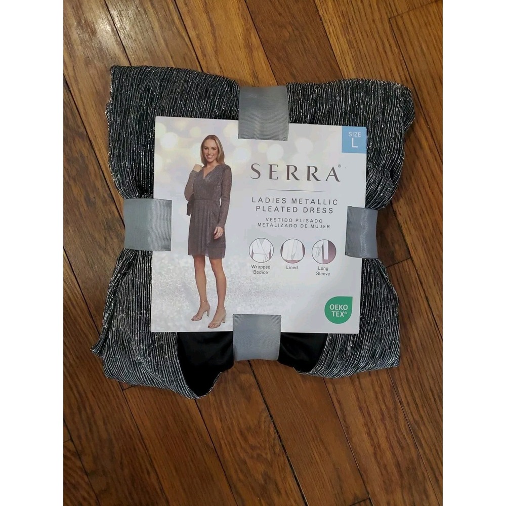 Serra Ladies‎ Metallic Pleated Dress Silver Black Wrap Bodice Long Sleeve Size L